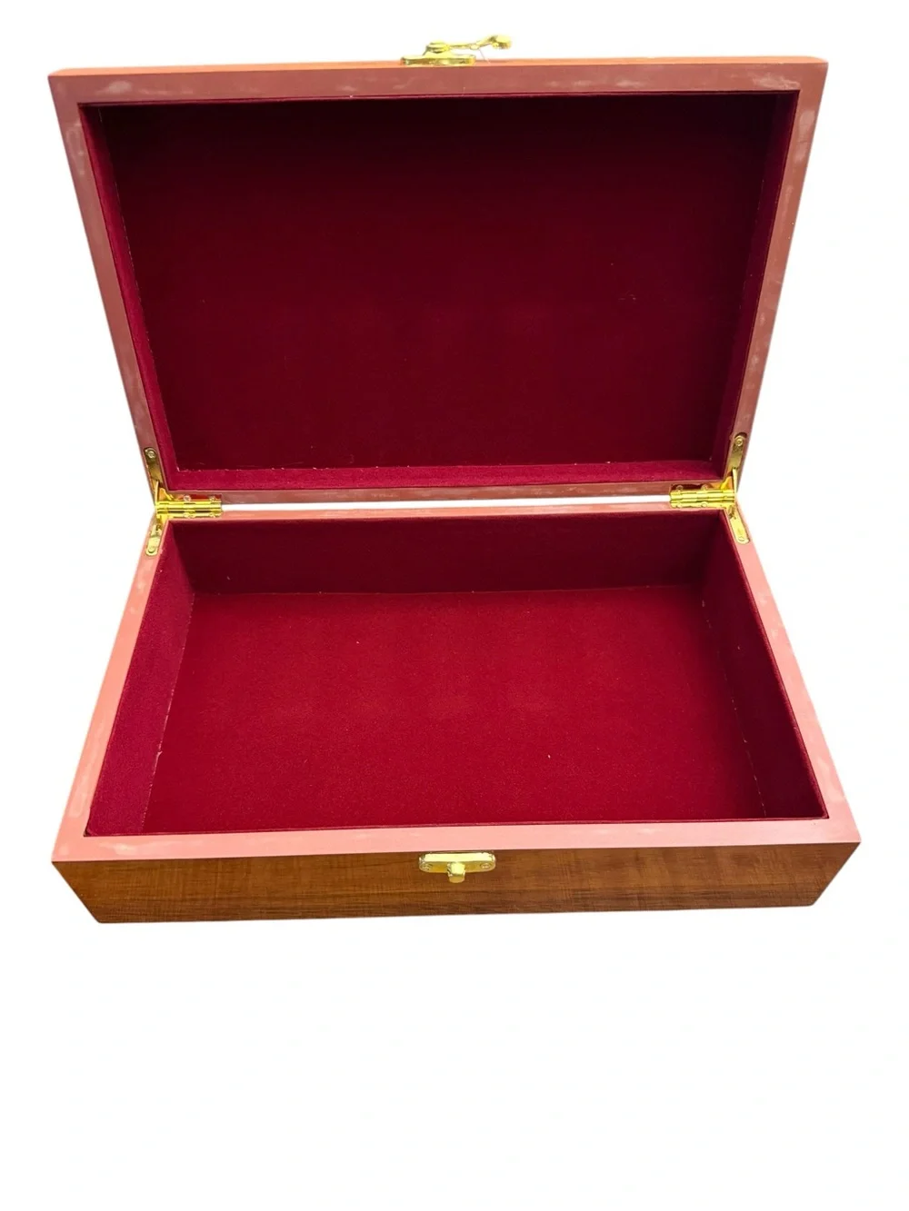 Wood Keepsake Box Red Velvet Lined Jewelry Box Memory Storage Chest 11”